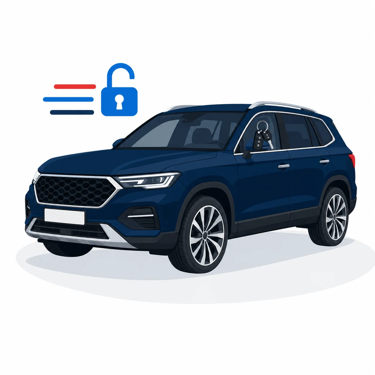 Illustration of an SUV with keys visible inside and an unlock symbol