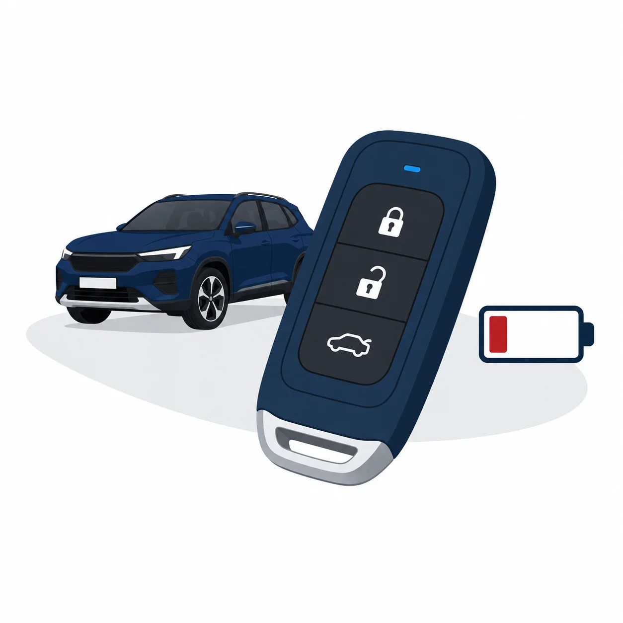 Illustration of a car key fob showing a low battery warning beside an SUV