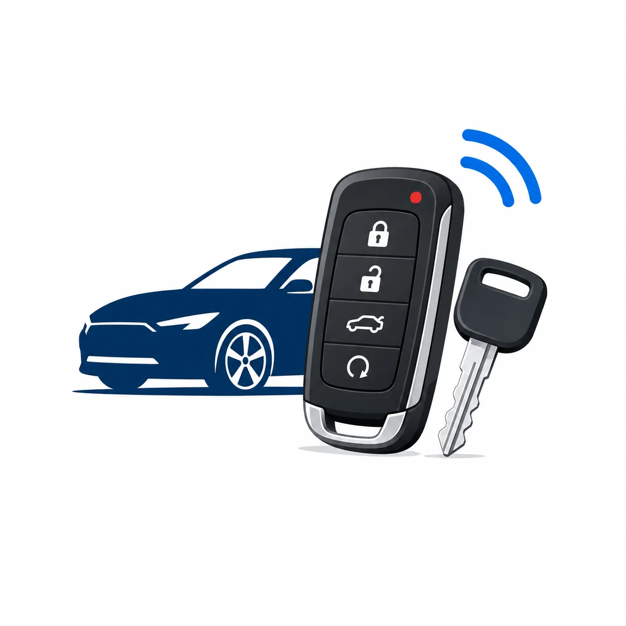 Illustration of a replacement key fob and cut key for a vehicle