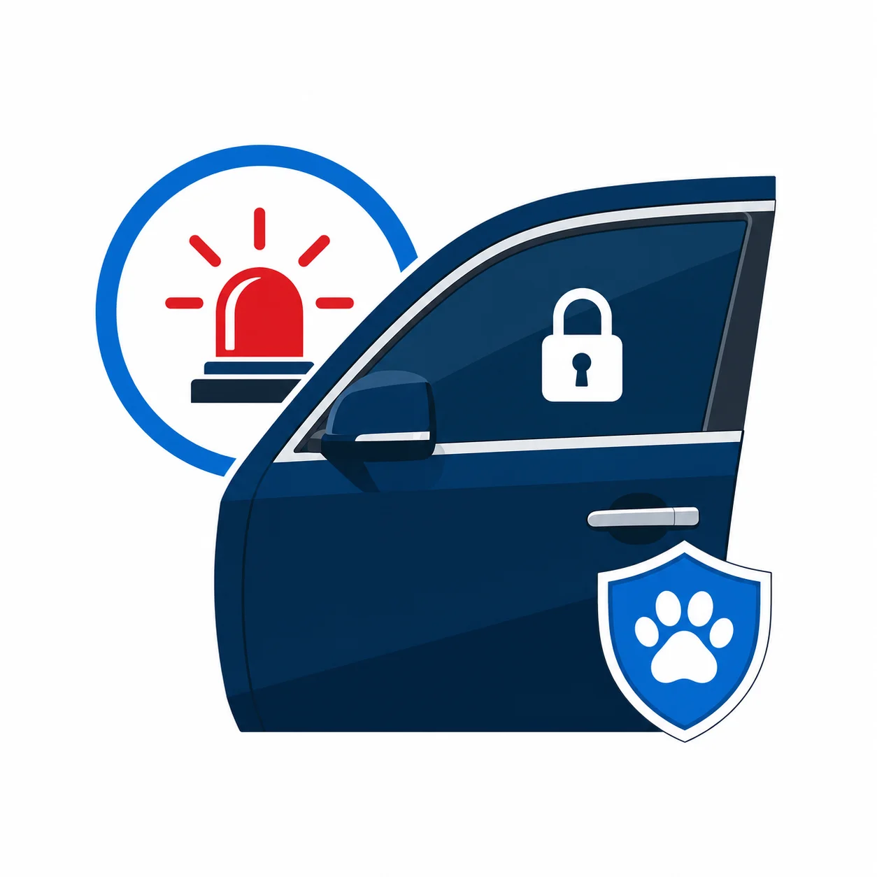 Illustration of a locked car with a pet safety alert, the kind of call we move to the front of the queue