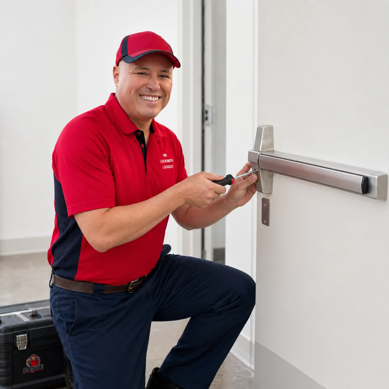 Dante Salcedo installing a panic bar exit device on a commercial door