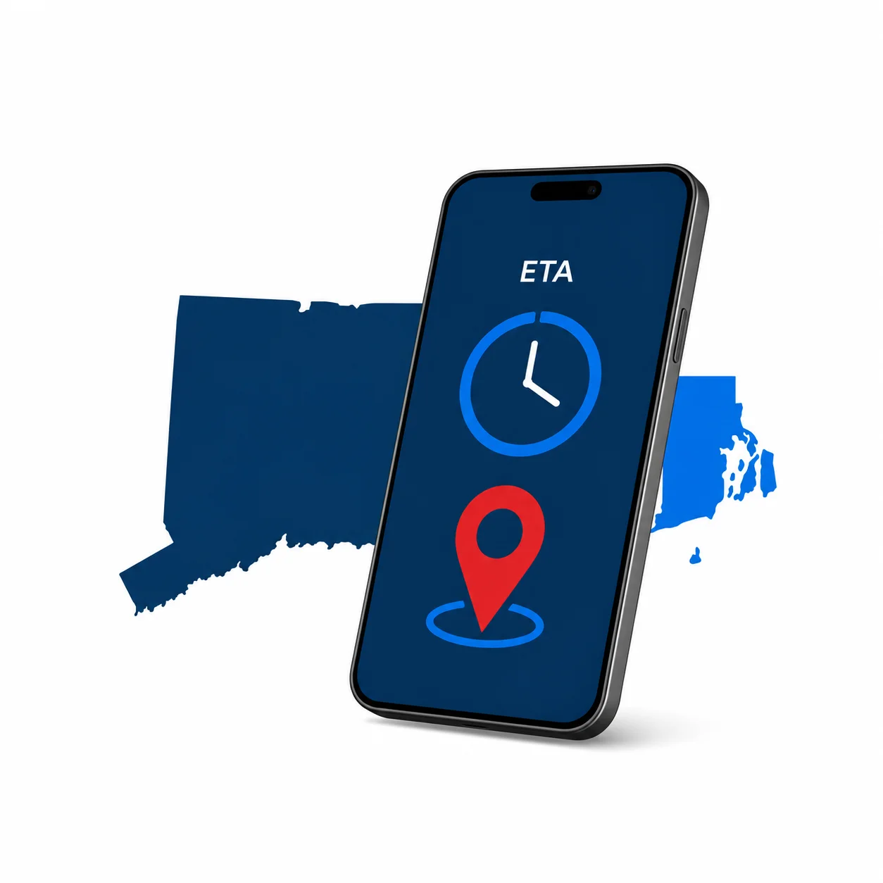 Illustration of a phone showing an arrival time estimate over a map of Connecticut and Rhode Island