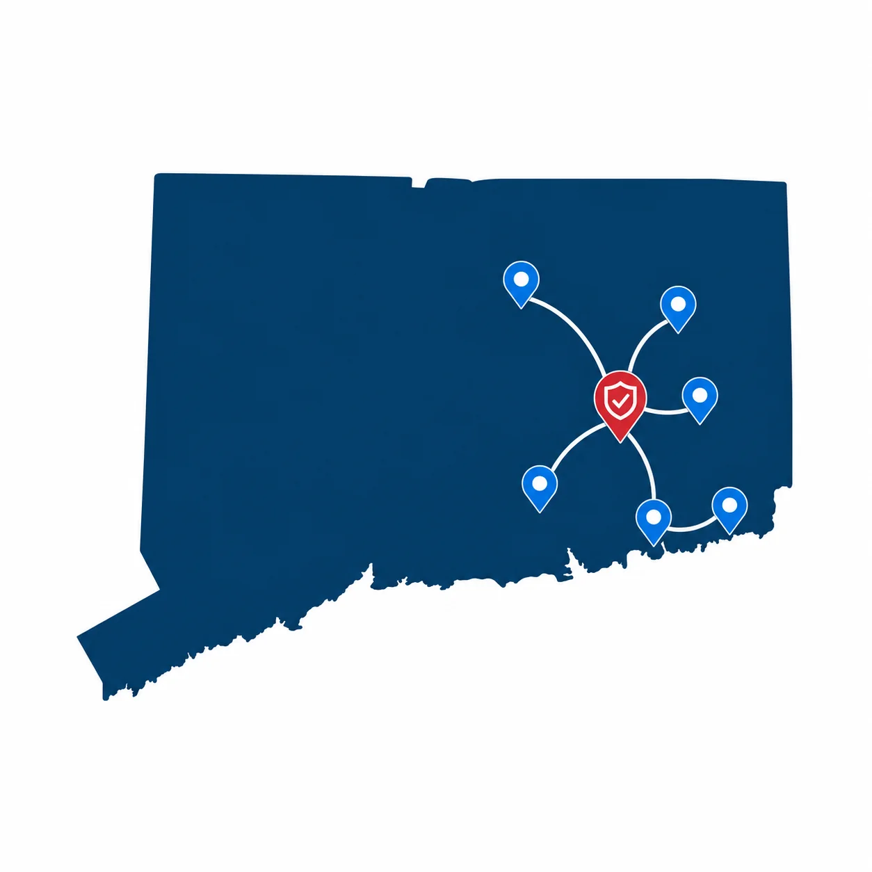 Map of Connecticut showing the six verified locksmith locations across the eastern region