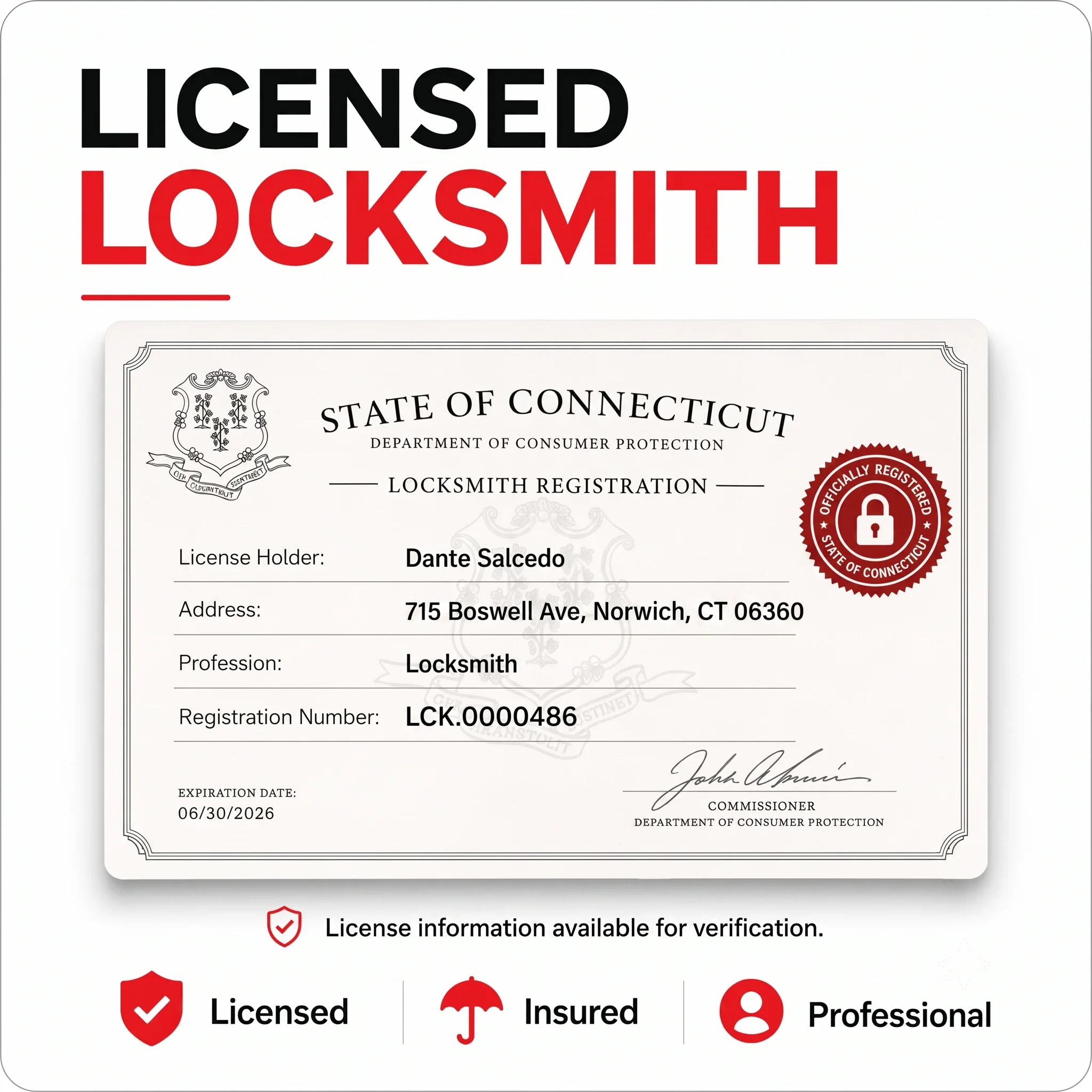 Connecticut Department of Consumer Protection locksmith registration for Dante Salcedo at 715 Boswell Ave, Norwich