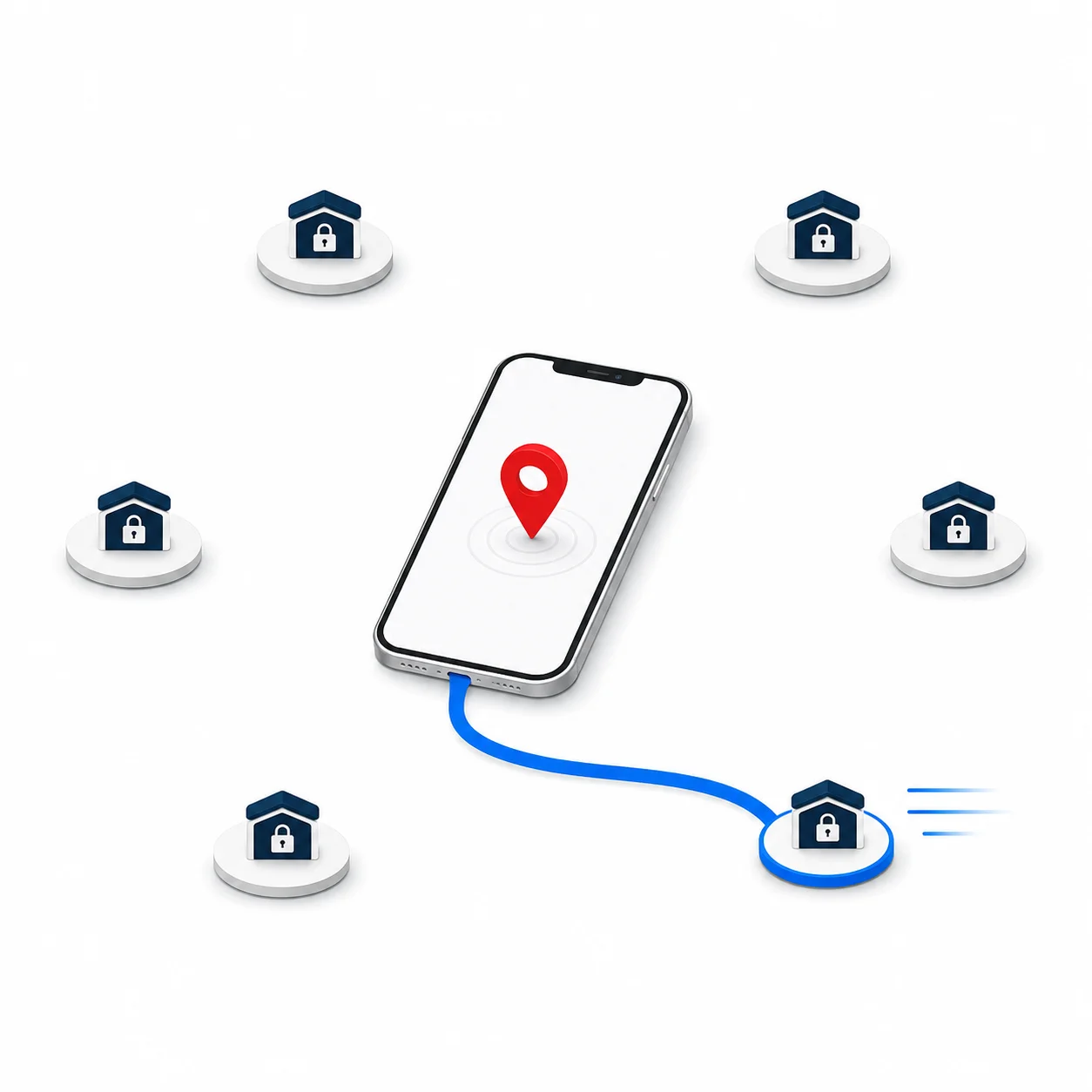 Illustration of a phone controlling several smart locks across connected properties