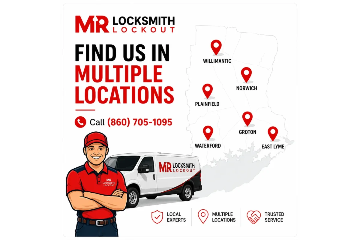 Map of the six verified Eastern Connecticut locksmith locations in Willimantic, Norwich, Plainfield, Groton, Waterford, and East Lyme