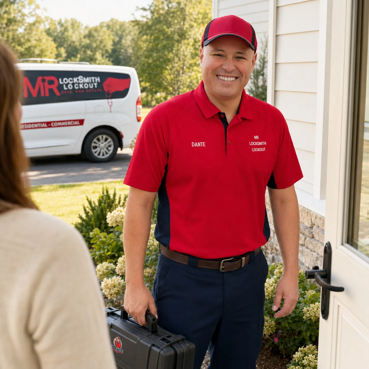 Dante Salcedo greeting a customer at their front door with his tool case