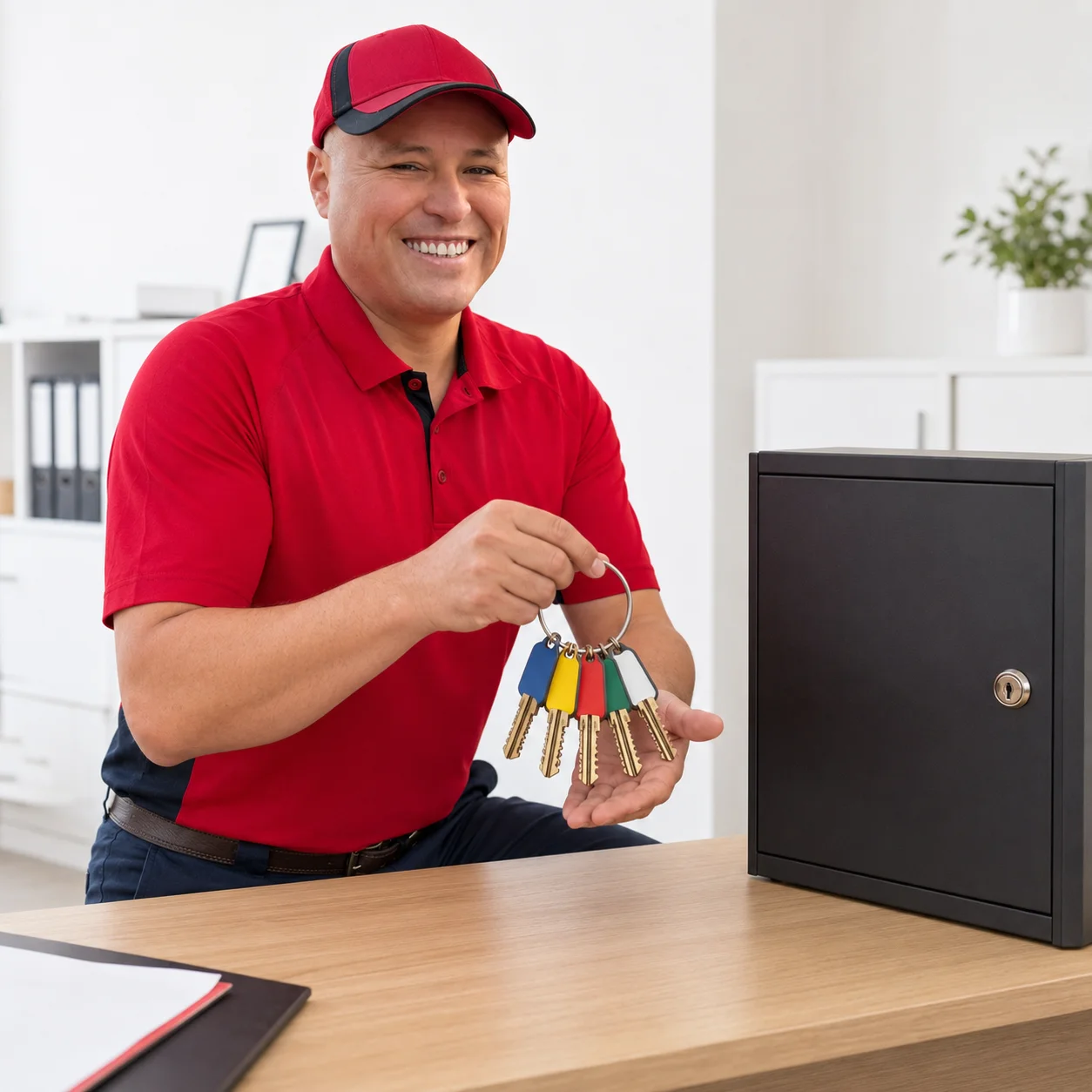 Dante Salcedo holding a colour tagged set of newly cut keys beside a key cabinet