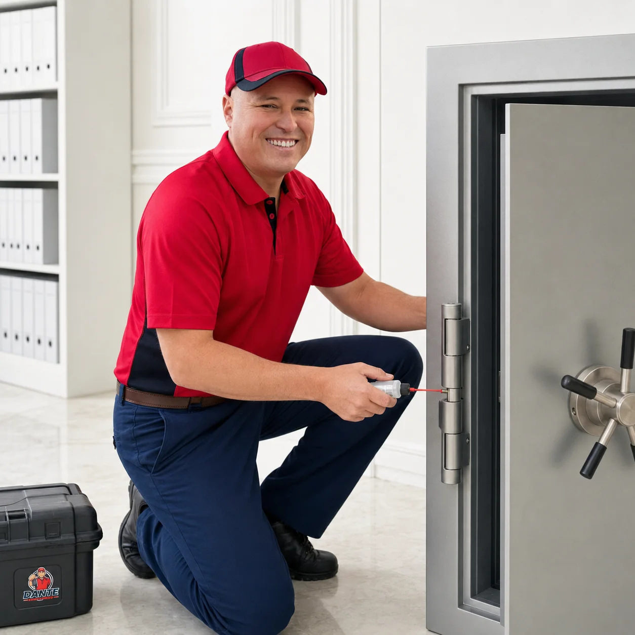 Dante Salcedo servicing the hinge mechanism on a commercial office safe