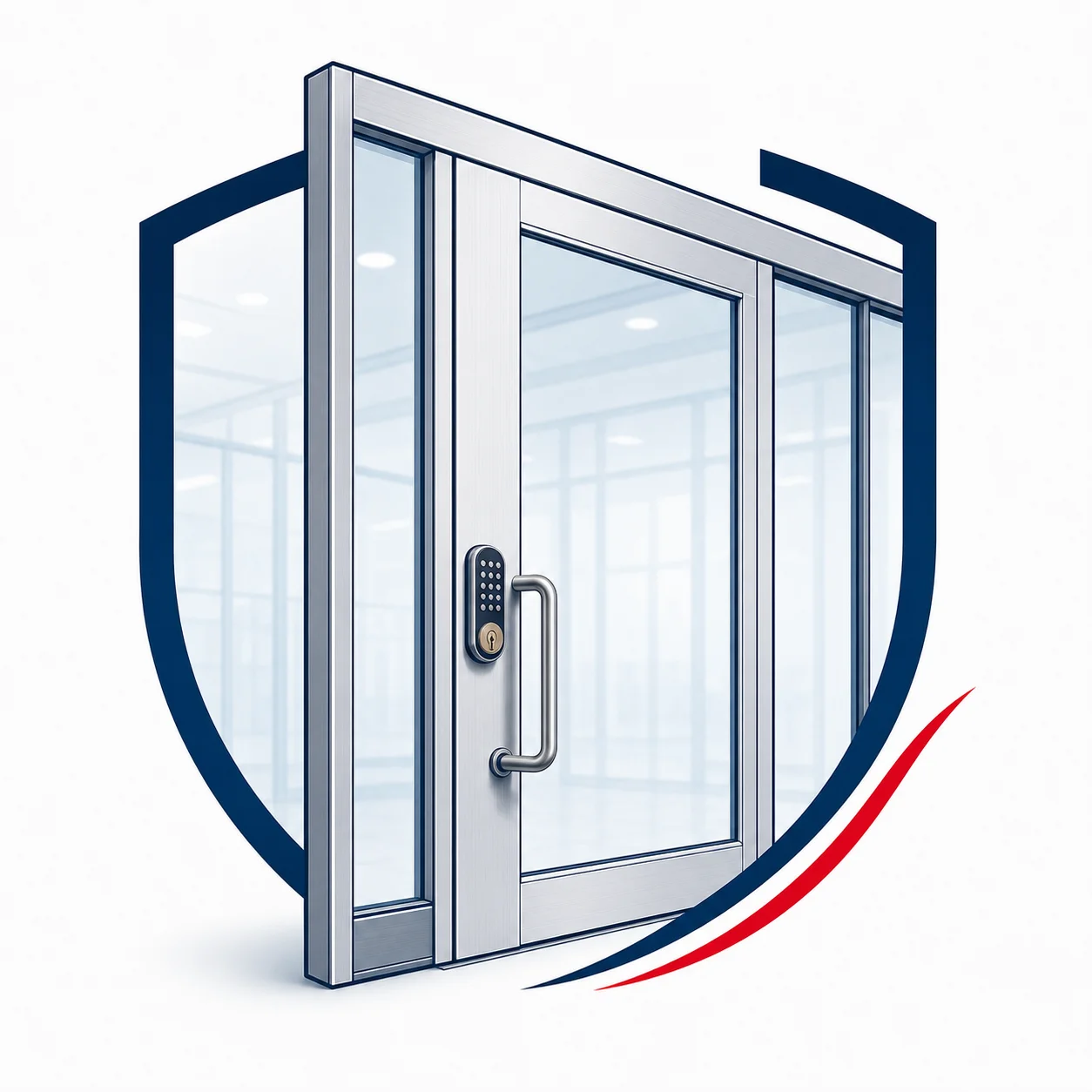 Illustration of a commercial glass door with a keypad smart lock