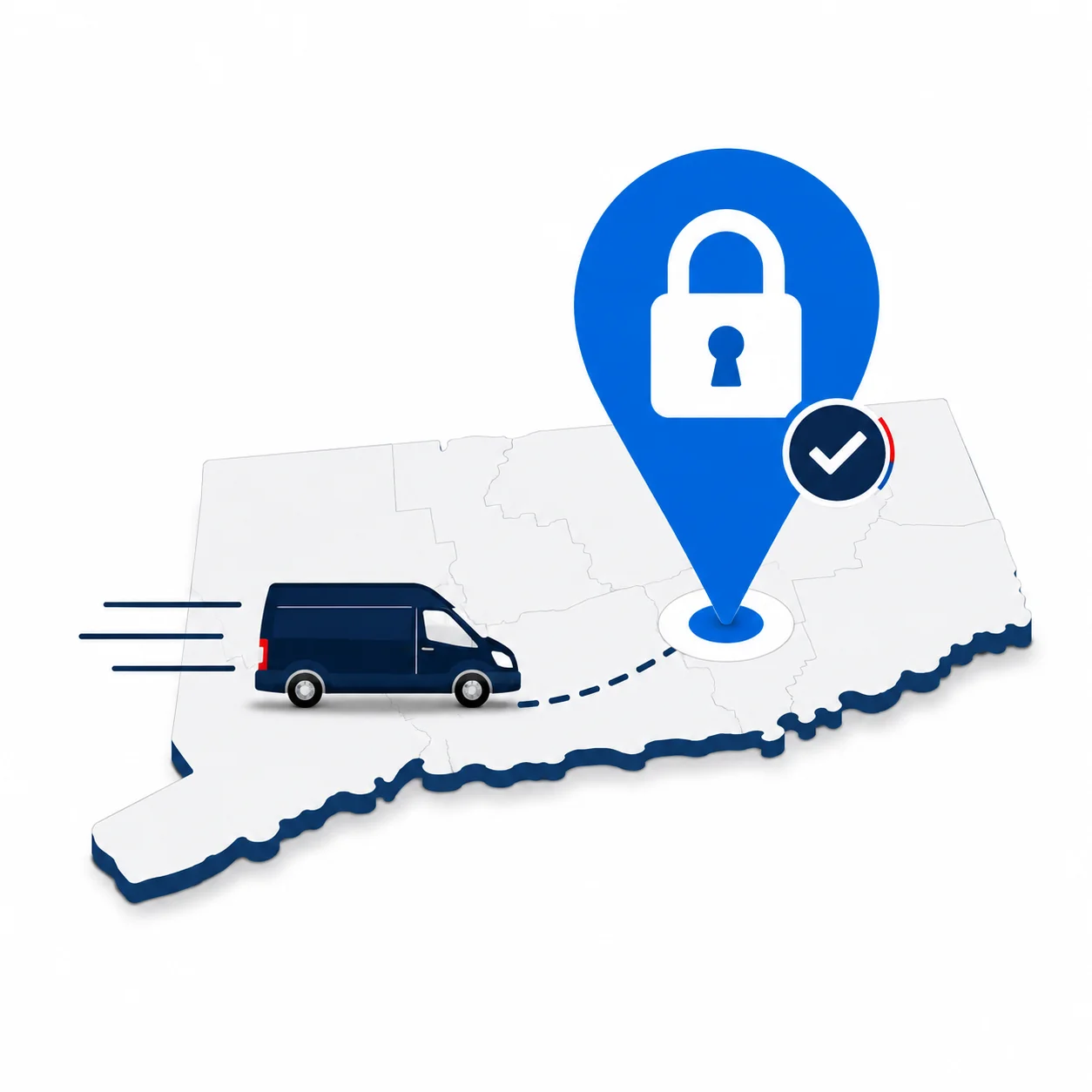 Illustration of a service van dispatching from the Willimantic area toward a nearby town