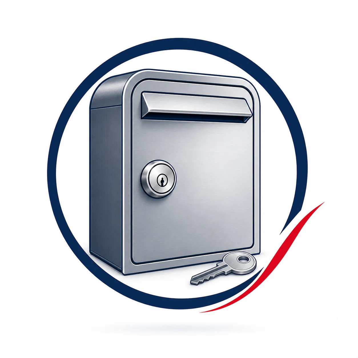 Illustration of a secure metal mailbox with a key
