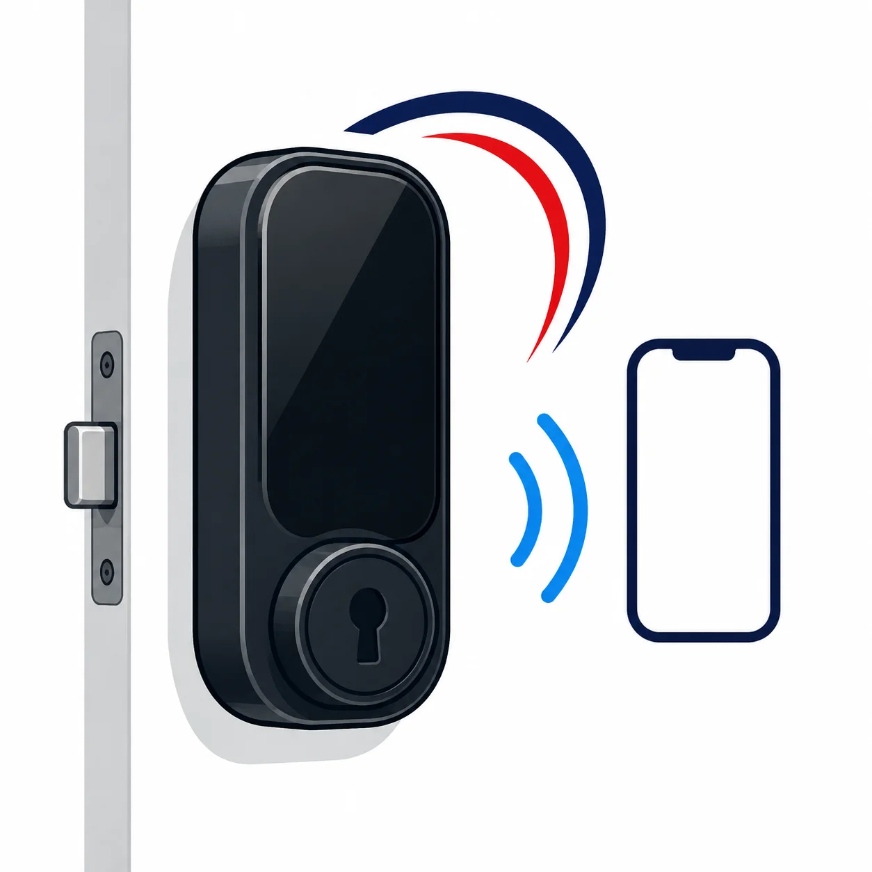 Illustration of a smart door lock controlled by a smartphone app