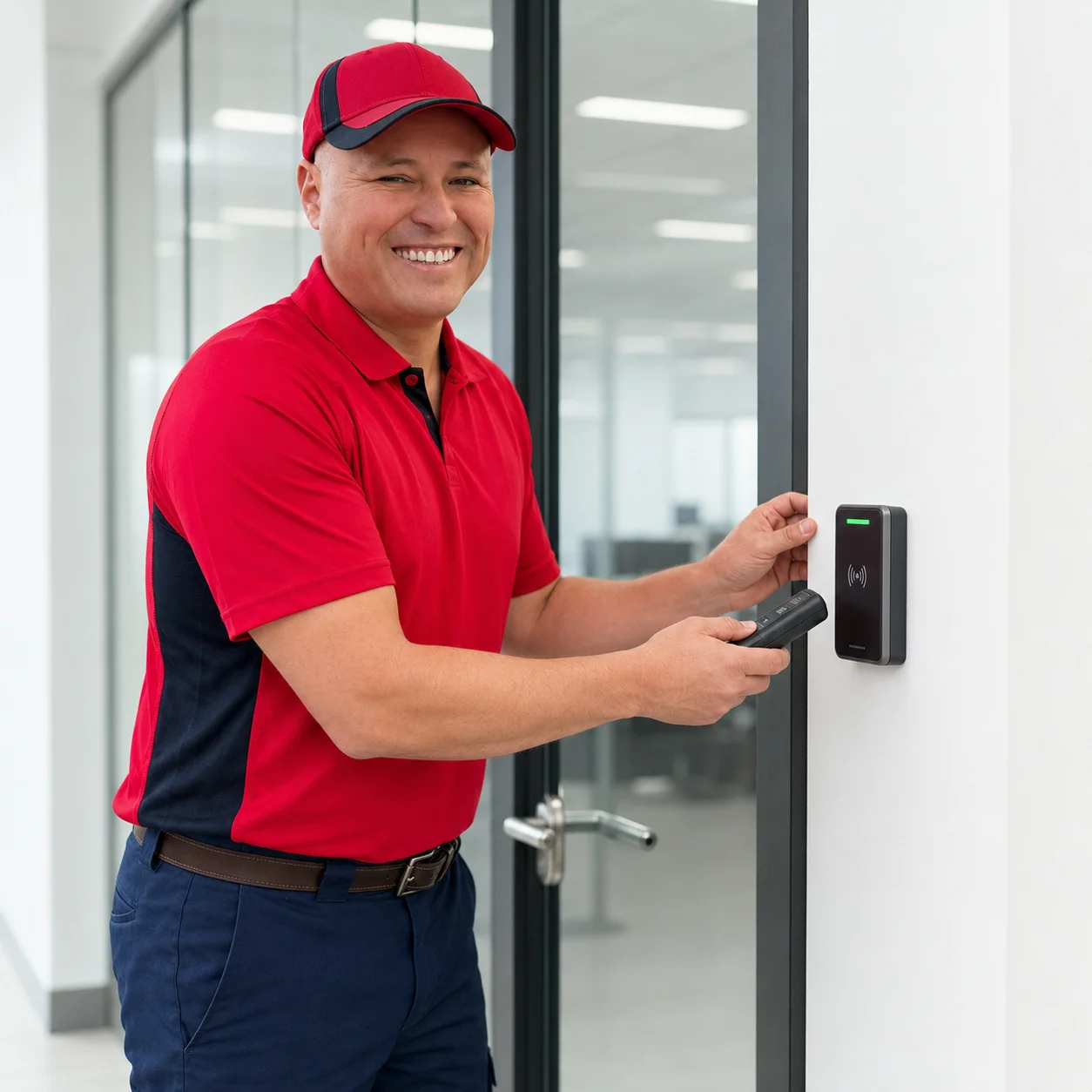 Dante Salcedo installing a keycard access control system at an office door